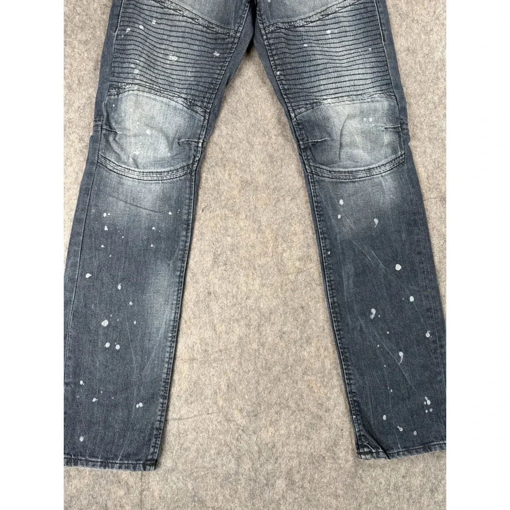 True Religion MENS 29x32 Slim Moto Run Jeans Blue Stitched Paint Splatter Y2K